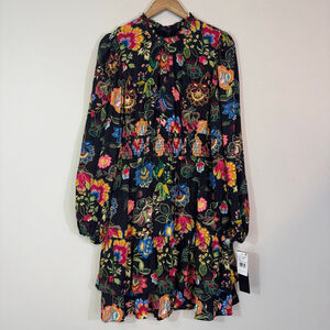 ADRIANNA PAPELL Smocked Printed Short Dress Black Multi Floral Size 12 NWT $149